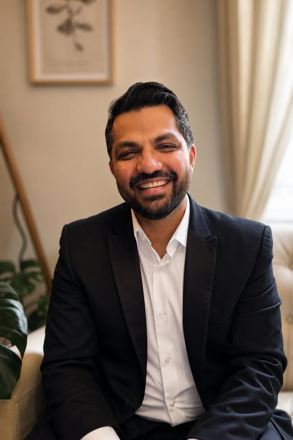 Masood Suliman, Registered Psychotherapist, seated in the Hintonburg office.