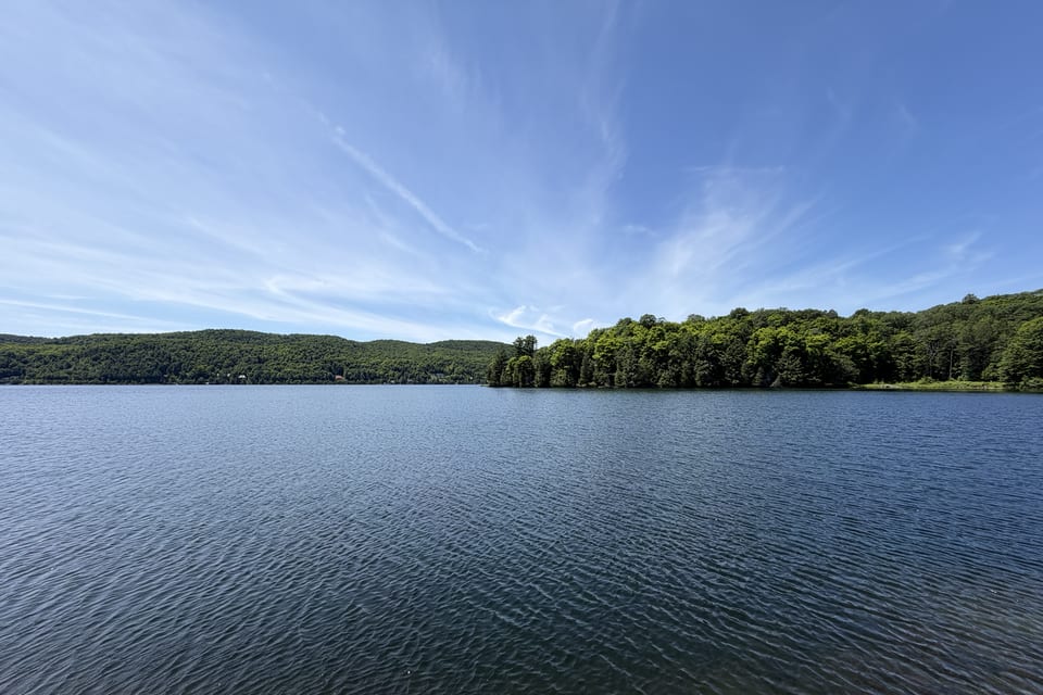 A calm lake beneath a blue sky and distant forest.
