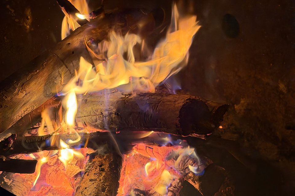 Orange flames rising from glowing logs in a fire pit.