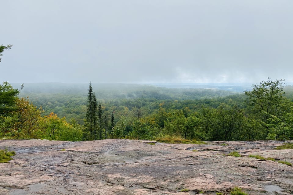 Mist settling over a distant forest and rocky overlook.